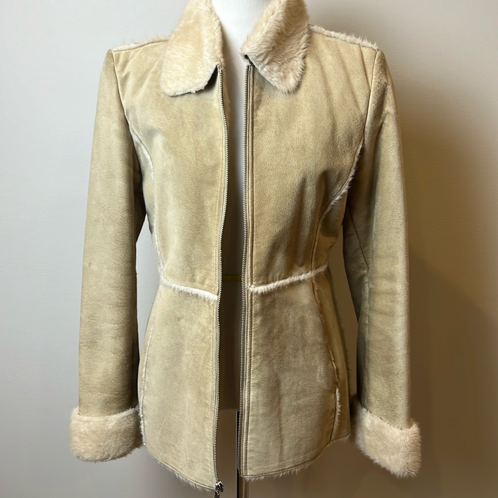 Guess Suede Leather Camel Jacket Coat Faux Fur Lined Small